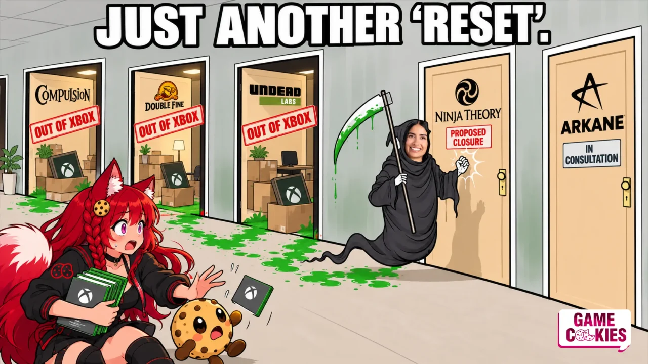 Kiki and Chip react in shock as a Grim Reaper figure with Asha Sharma’s face knocks on Ninja Theory’s door, while Compulsion, Double Fine and Undead Labs are marked “Out of Xbox” and Arkane remains “In Consultation.”