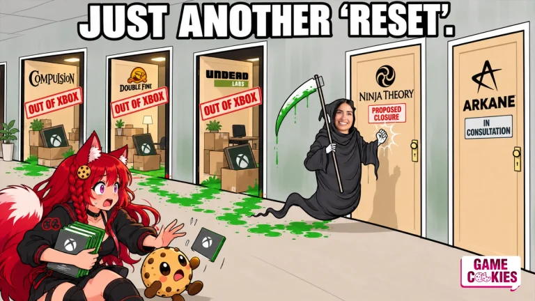 Kiki and Chip react in shock as a Grim Reaper figure with Asha Sharma’s face knocks on Ninja Theory’s door, while Compulsion, Double Fine and Undead Labs are marked “Out of Xbox” and Arkane remains “In Consultation.”