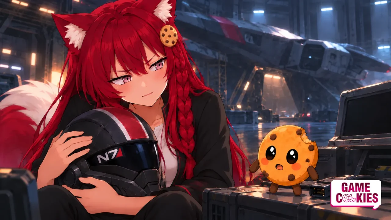 Kiki holds an N7 helmet in a dark sci-fi hangar, with Chip beside her, in a Game Cookies anime illustration.