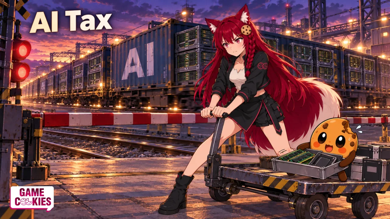 Kiki brakes a small gaming trolley as Chip catches a slipping tray, while an enormous AI-bound memory convoy blocks the crossing.