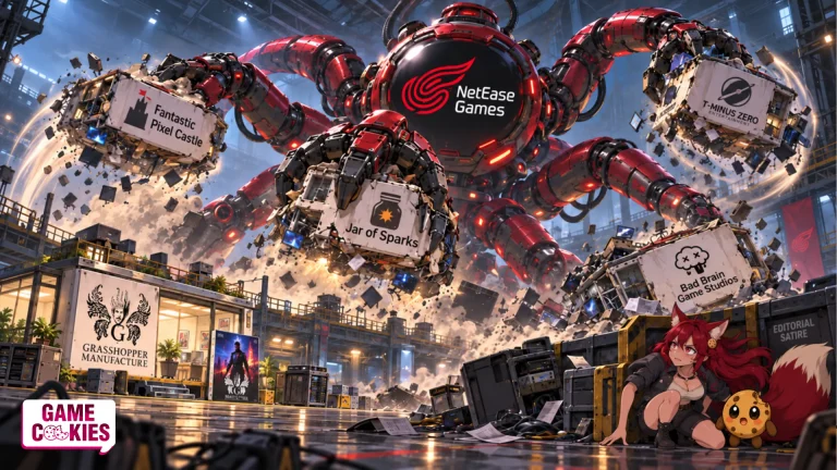 A giant octopus-like corporate robot bearing the NetEase Games logo hurls studio pods across an industrial game-development hall, while Kiki and Chip hide behind a barrier and an intact Grasshopper Manufacture pod remains untouched.