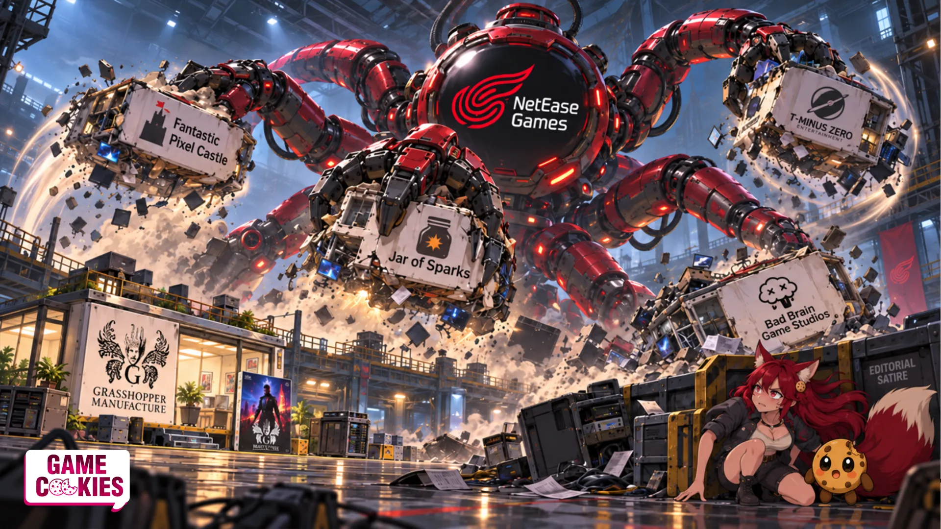 A giant octopus-like corporate robot bearing the NetEase Games logo hurls studio pods across an industrial game-development hall, while Kiki and Chip hide behind a barrier and an intact Grasshopper Manufacture pod remains untouched.
