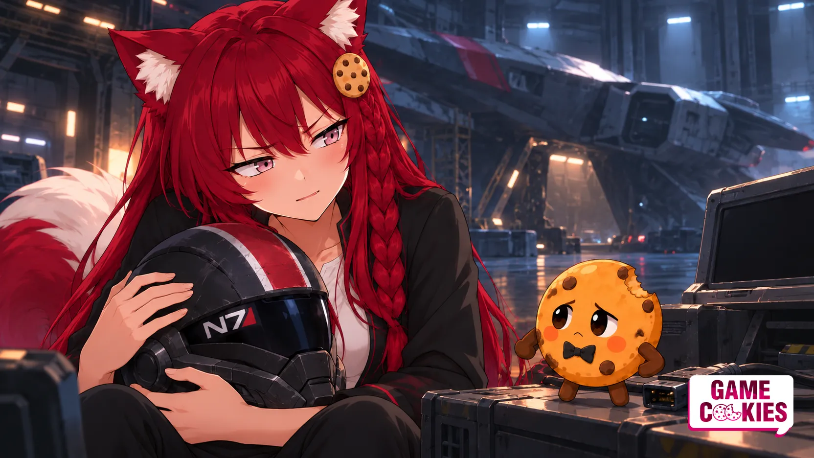 Kiki holds an N7 helmet in an empty science-fiction hangar while Chip stands beside a disconnected machine, an editorial illustration about BioWare’s closure.