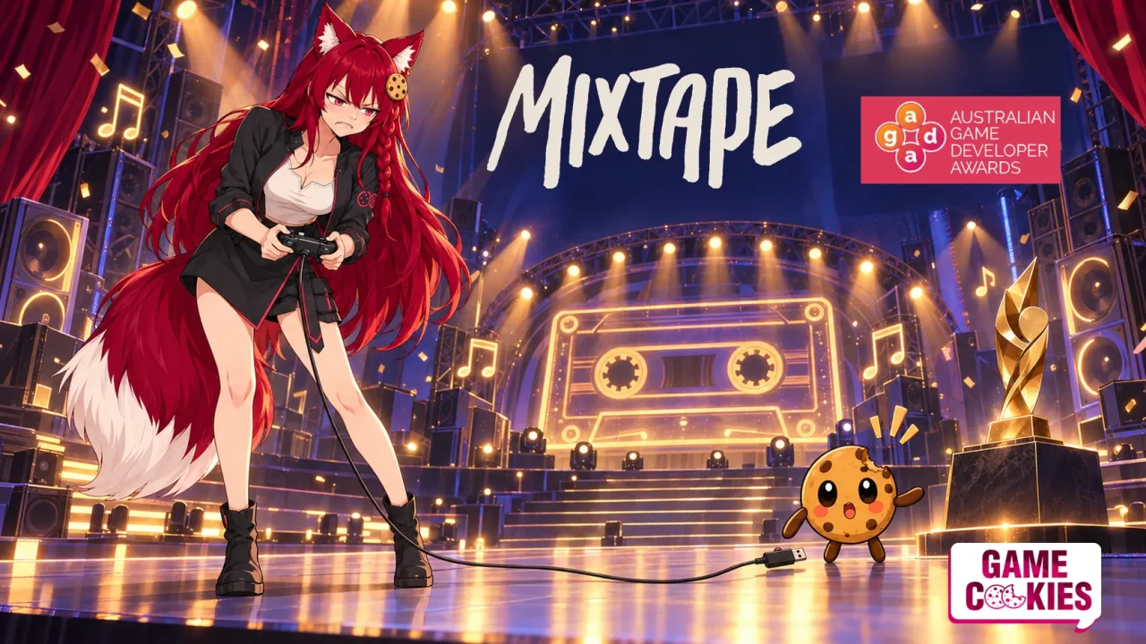 Kiki holds a wired controller with a disgusted expression while Chip investigates its disconnected plug beside a golden trophy on a brightly lit cassette-themed awards stage, under the Mixtape and Australian Game Developer Awards logos.