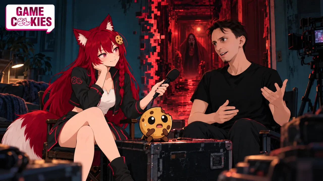 Imagined anime editorial illustration of Kiki and Chip interviewing Andrés Borghi about Tenebris Somnia; not a real photograph.