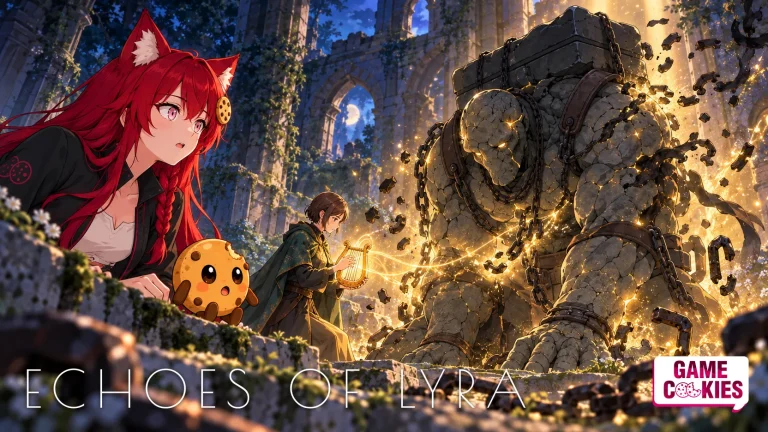 Game Cookies editorial illustration of Kiki and Chip watching Lyra play her glowing lyre as chains and dark fragments lift from the kneeling stone Bearer in a ruined forest chapel.