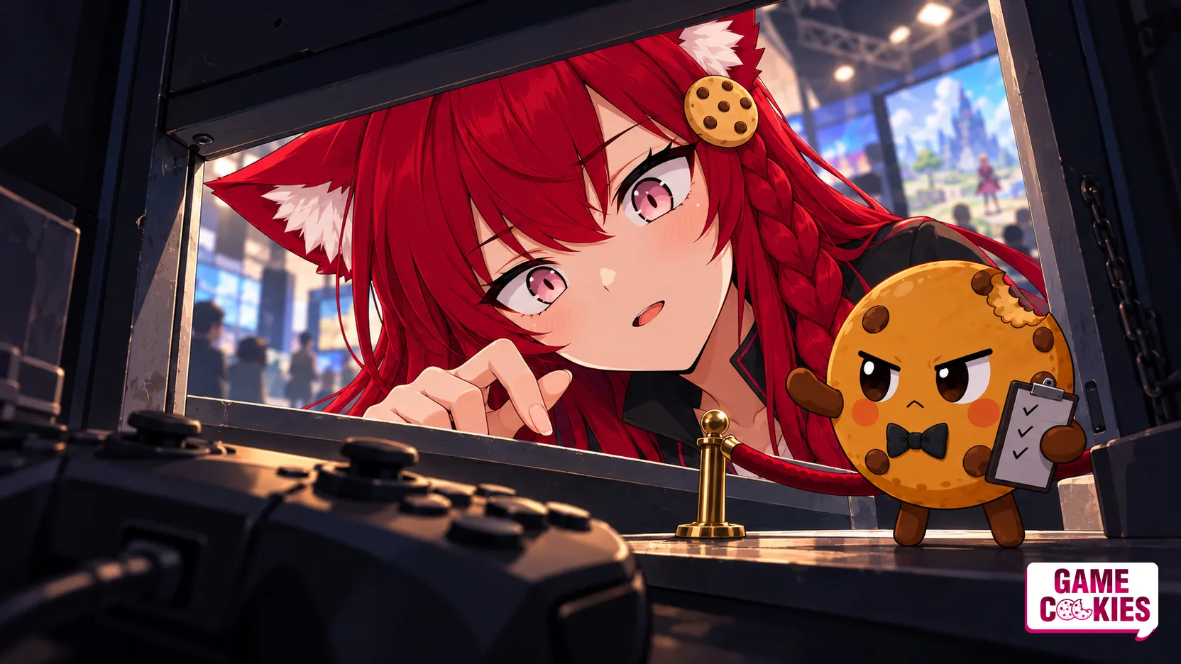 Viewed from inside a dark demo booth, Kiki peers through a partly open hatch toward a foreground controller while Chip guards the opening with a clipboard and tiny velvet rope.