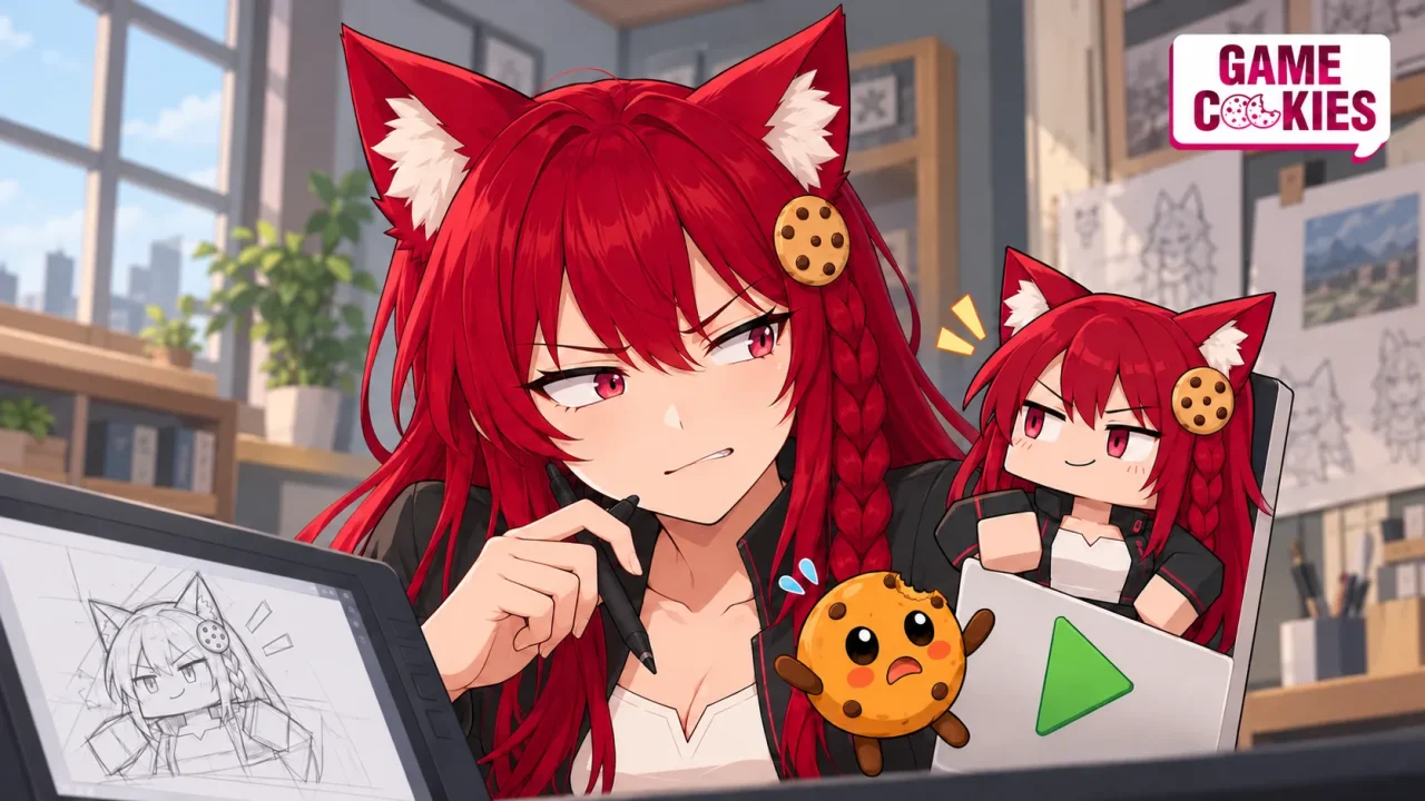 Kiki holds a stylus beside an unfinished character sketch while a blocky lookalike appears on another screen; Chip reacts in surprise.