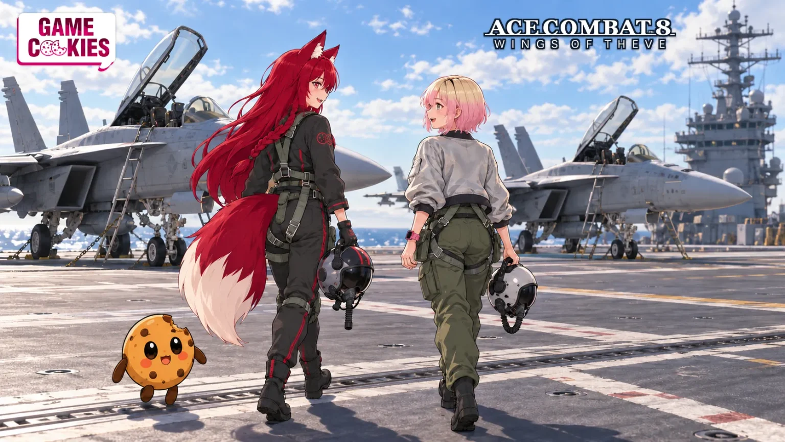 Kiki and Tasha carry flight helmets toward parked fighter jets on an aircraft carrier, with Chip walking beside them beneath a bright blue sky.