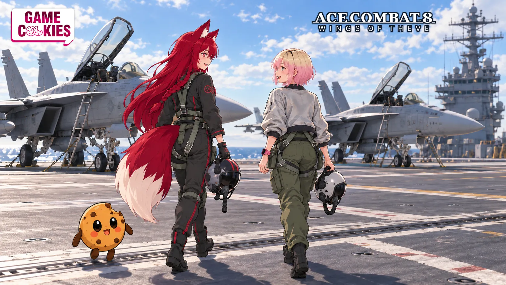 Kiki and Tasha carry flight helmets toward parked fighter jets on an aircraft carrier, with Chip walking beside them beneath a bright blue sky.