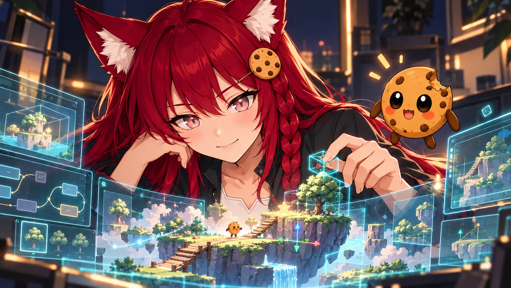 Close-up of Kiki with light-pink eyes inside a holographic game-development interface, with Chip floating beside a miniature game world.
