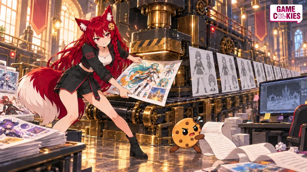 Kiki pulls a colorful character design from an industrial approval press as Chip struggles with a long receipt beside a conveyor of identical gray character sheets.