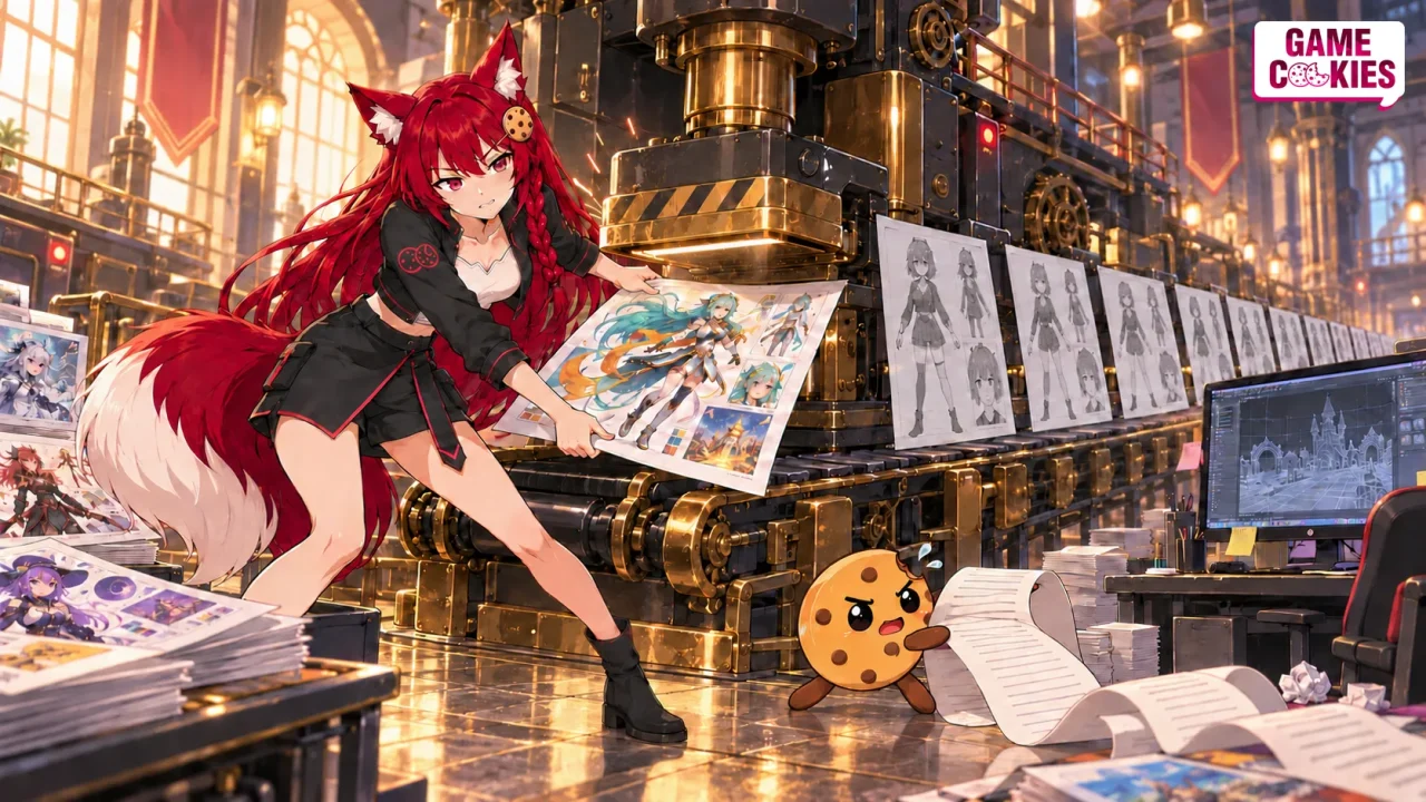 Kiki pulls a colorful character design from an industrial approval press as Chip struggles with a long receipt beside a conveyor of identical gray character sheets.