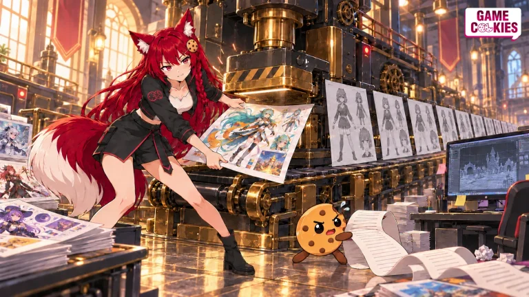 Kiki pulls a colorful character design from an industrial approval press as Chip struggles with a long receipt beside a conveyor of identical gray character sheets.