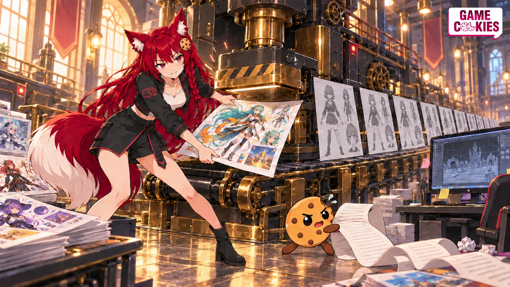 Kiki pulls a colorful character design from an industrial approval press as Chip struggles with a long receipt beside a conveyor of identical gray character sheets.