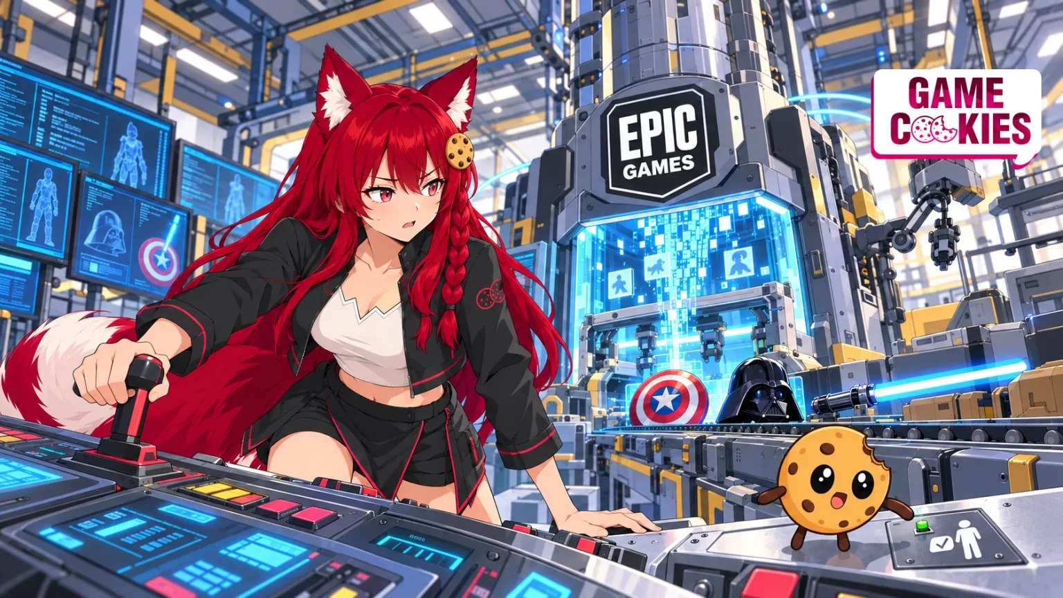 Anime illustration of Kiki operating a development console beside an Epic Games machine producing Marvel and Star Wars props, while Chip examines a tiny human-approval button.