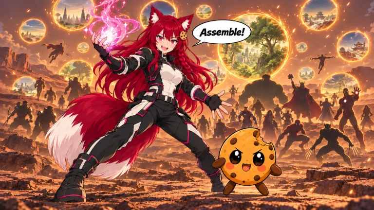 Kiki and Chip assemble on a battlefield, with glowing portals and superhero silhouettes behind them.