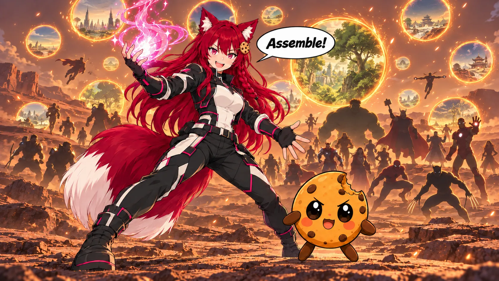 Kiki and Chip assemble on a battlefield, with glowing portals and superhero silhouettes behind them.
