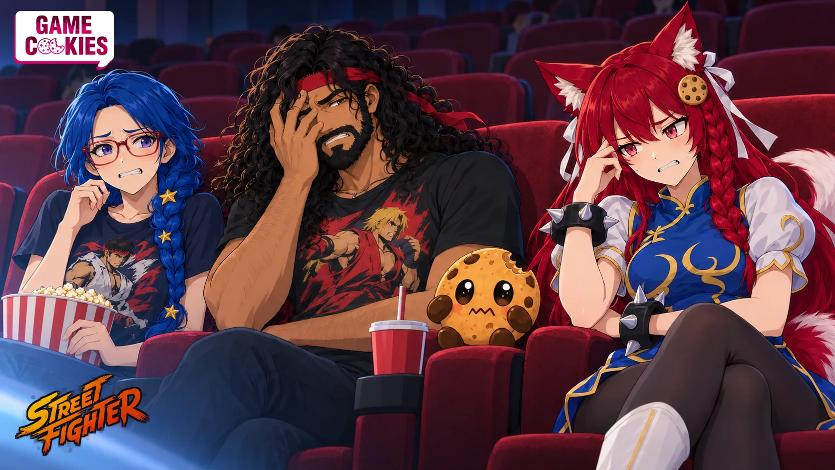 Kiki dressed as Chun-Li, Chip, Byte and Leo grimace while watching Street Fighter in a cinema.