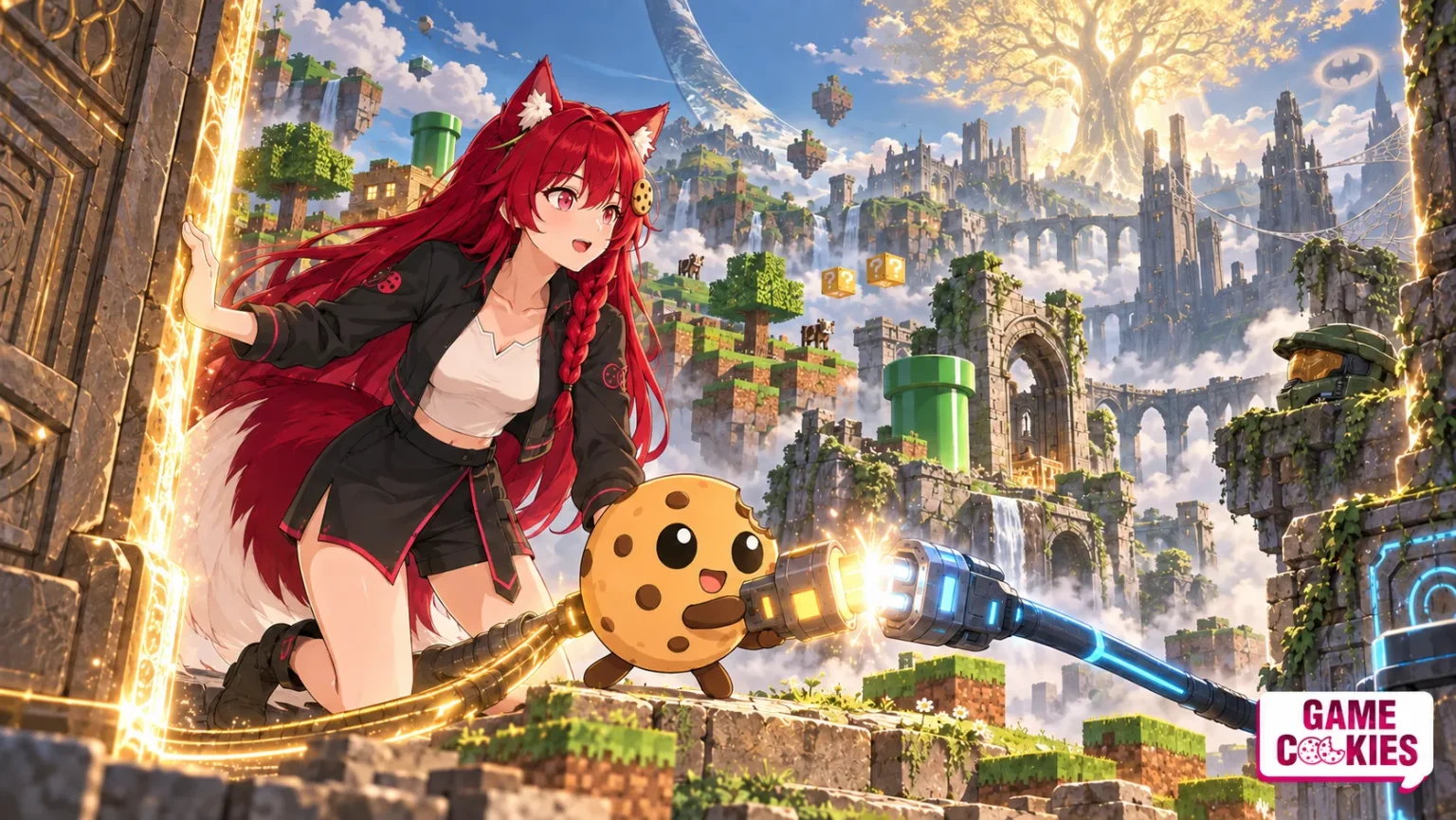 Kiki and Chip open a gateway into an imagined world combining voxel islands, fantasy ruins, green pipes and sci-fi details.