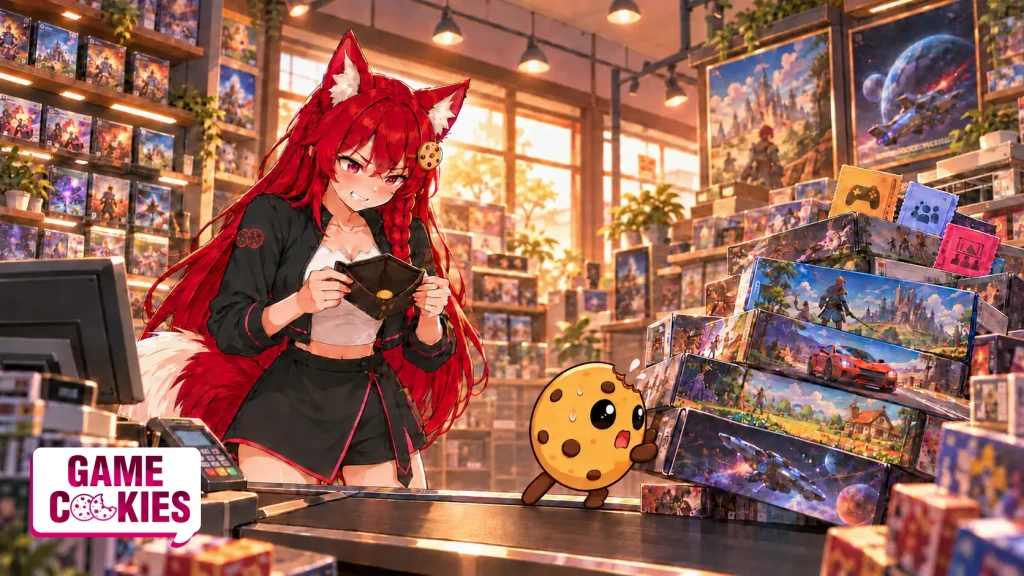 Kiki checks a nearly empty wallet at a game-store checkout while Chip tries to stop a conveyor piled with games and event tickets.