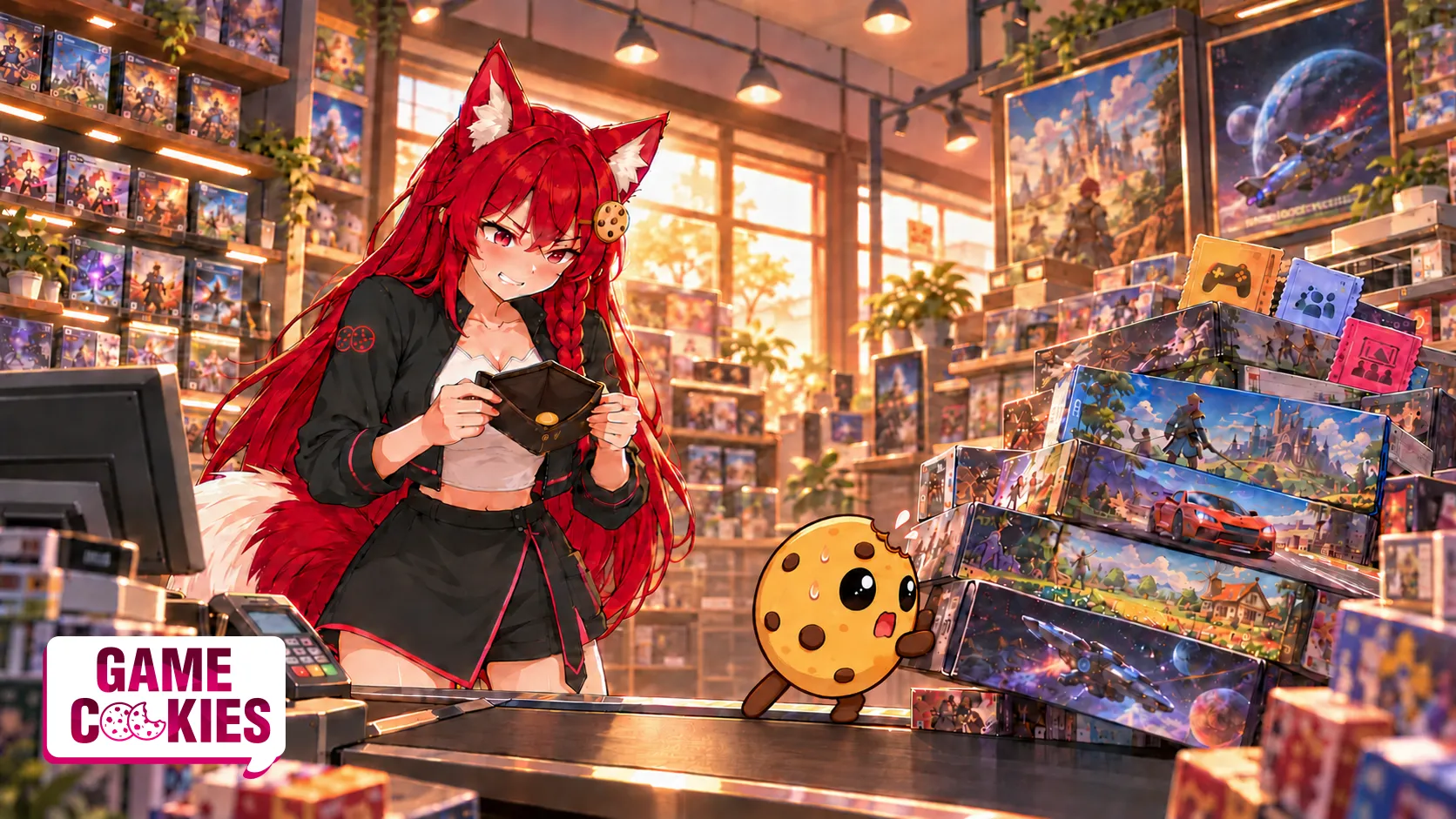 Kiki checks a nearly empty wallet at a game-store checkout while Chip tries to stop a conveyor piled with games and event tickets.