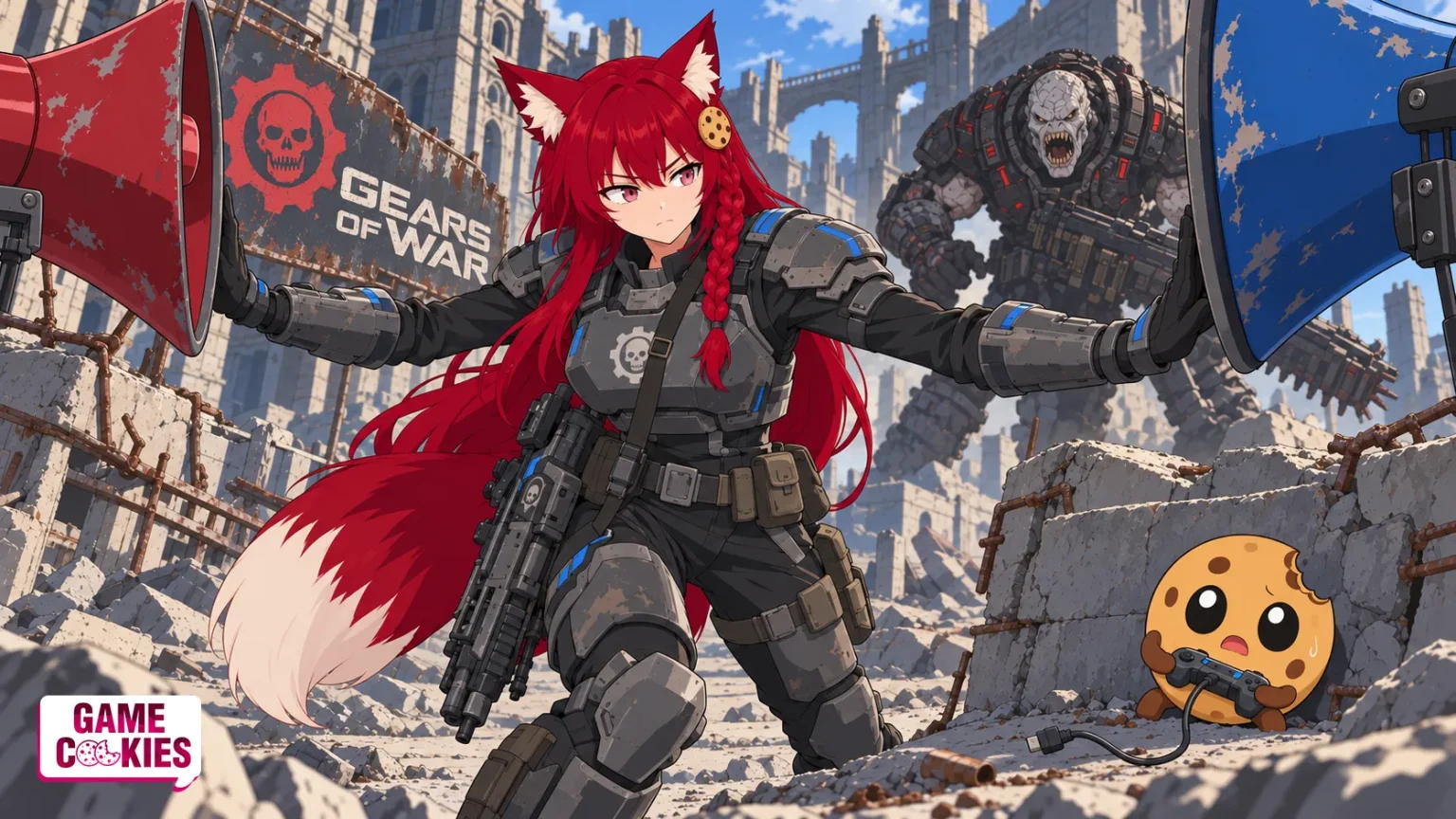 Kiki in COG-style armor pushes apart red and blue megaphones as a Locust advances; Chip shelters with an unplugged controller.