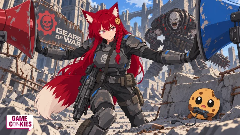 Kiki in COG-style armor pushes apart red and blue megaphones as a Locust advances; Chip shelters with an unplugged controller.