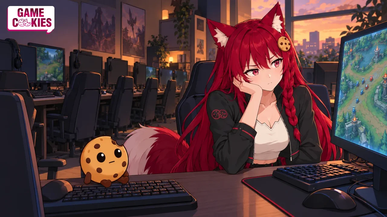 Kiki and Chip wait beside a League-style game screen in an almost empty gaming café at sunset, illustrating League Classic’s matchmaking challenge.