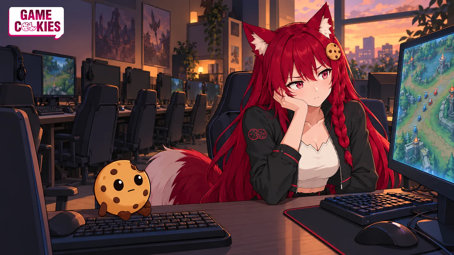Kiki and Chip wait beside a League-style game screen in an almost empty gaming café at sunset, illustrating League Classic’s matchmaking challenge.