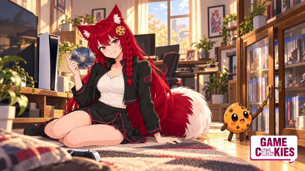 Kiki holds a game disc beside a PS5-style console while Chip unlocks a cabinet of physical games in a sunlit room.