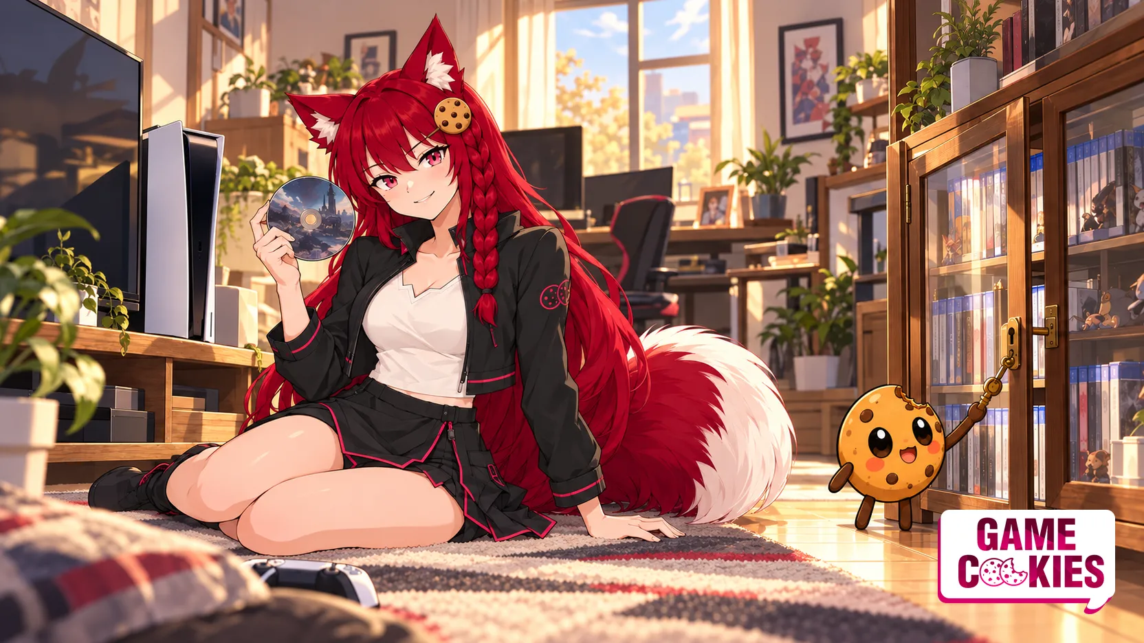 Kiki holds a game disc beside a PS5-style console while Chip unlocks a cabinet of physical games in a sunlit room.