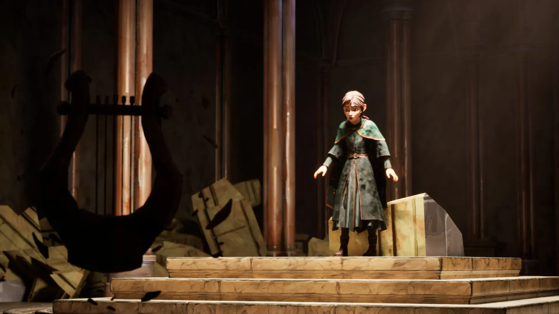 Lyra stands on stone steps facing a dark lyre in a warmly lit ruined hall.