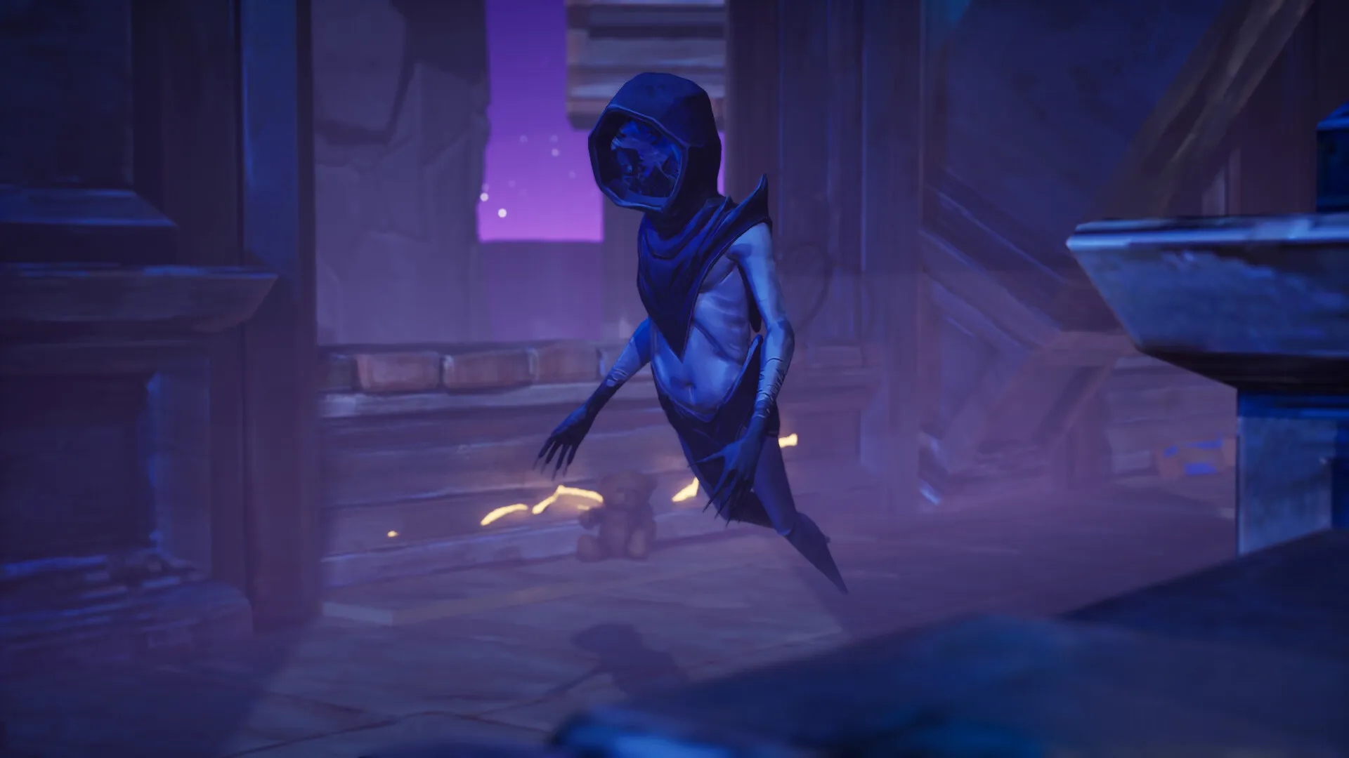 The Whisperer floats above a stone floor between blue-lit pillars, its face covered by its hands.