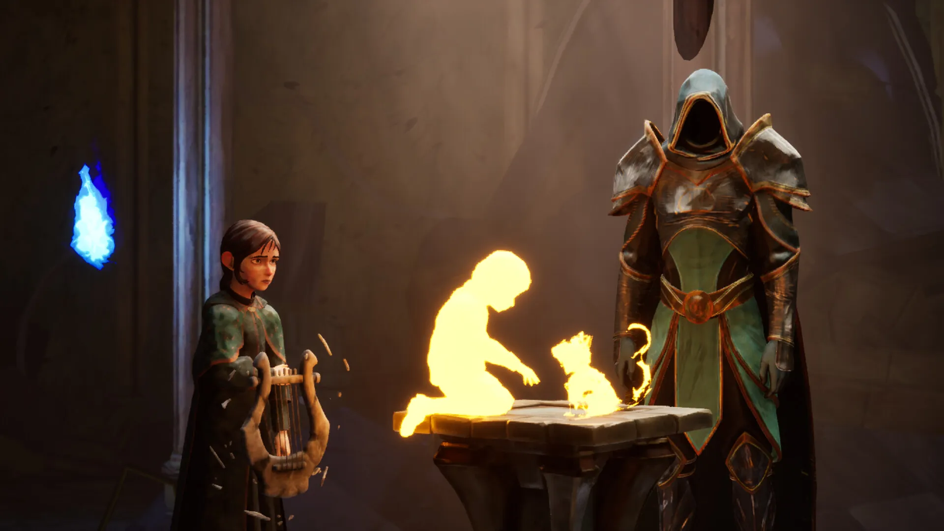 Lyra and the hooded guardian Caelum stand beside a glowing golden scene on a stone pedestal.
