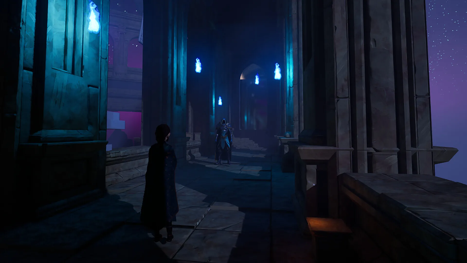 Lyra and Caelum stand in a long stone corridor illuminated by rows of blue flames.