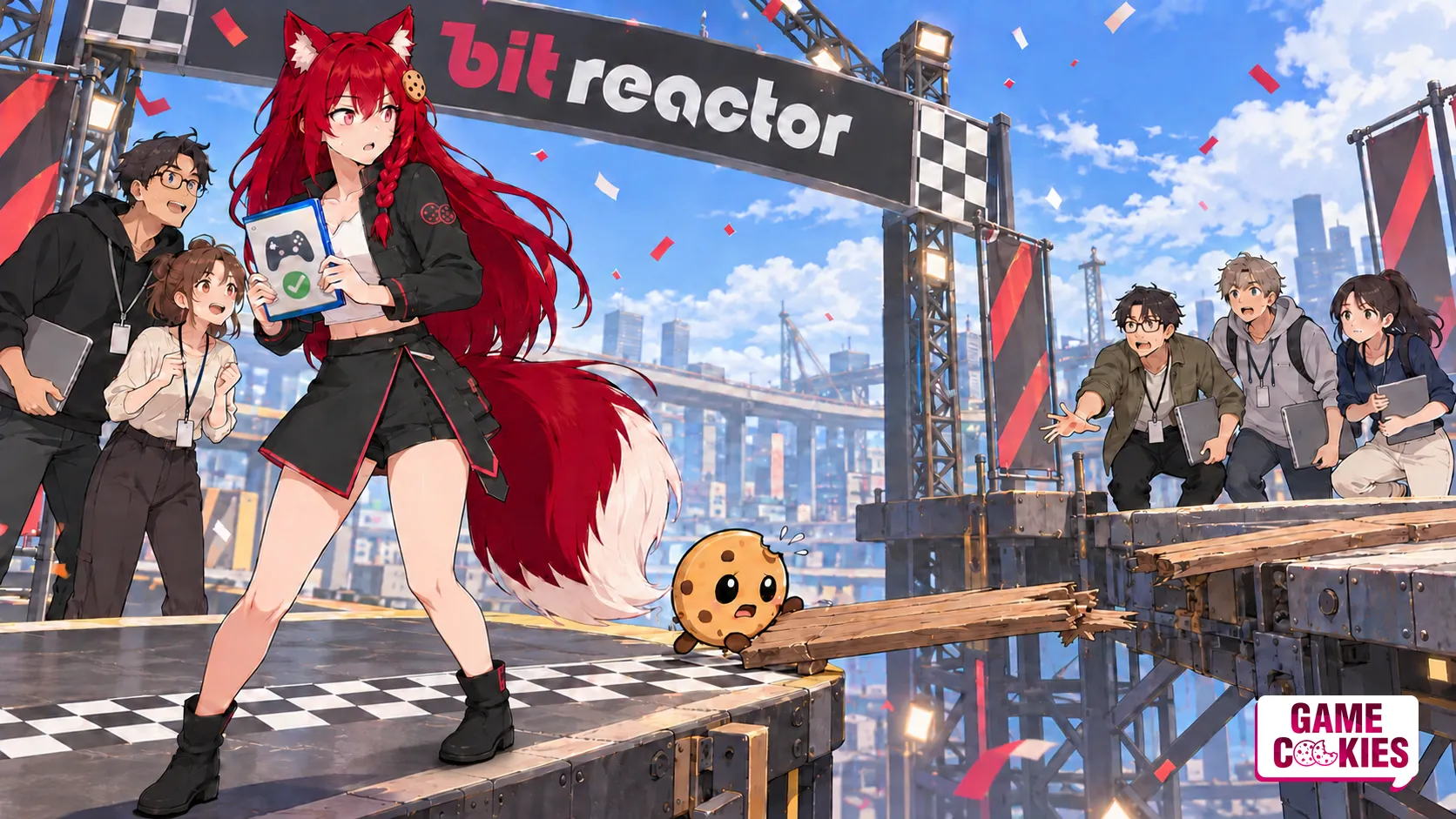 Kiki holds a completed game beneath a Bit Reactor finish-line arch while some developers wait across a broken track and Chip braces a loose plank.